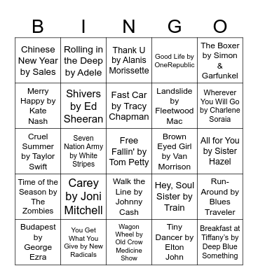 John & Jen's Song Bingo! Bingo Card