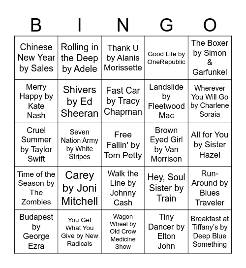 John & Jen's Song Bingo! Bingo Card