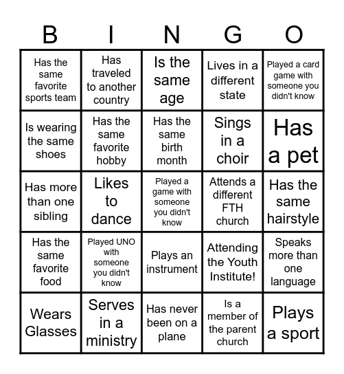 2024 Youth Institute Welcome Activity Bingo Card