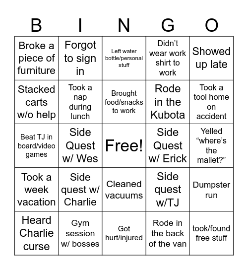 SFA Bingo Card