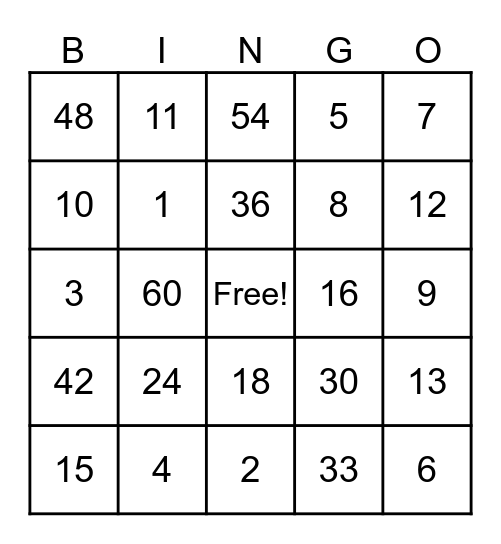 Multiplication/Division Bingo Card