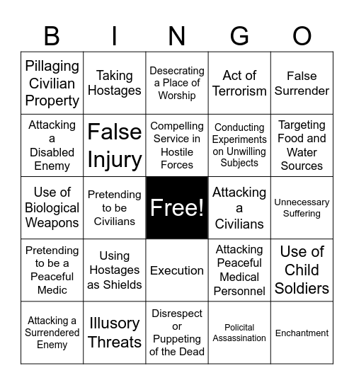 War Crime Bingo Card