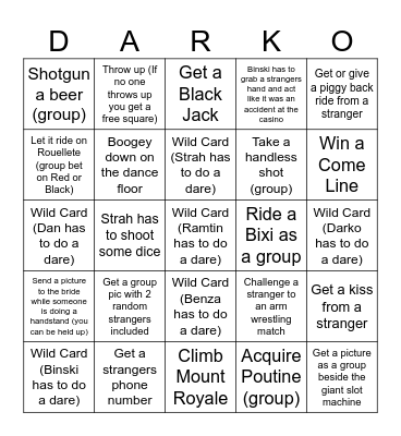 Darkos Bachelor Party Bingo Card