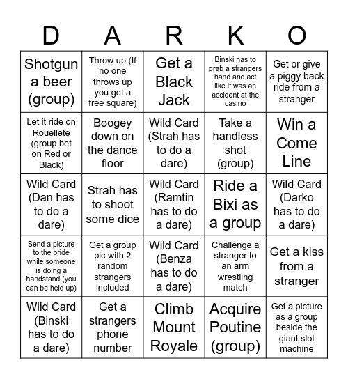 Darkos Bachelor Party Bingo Card