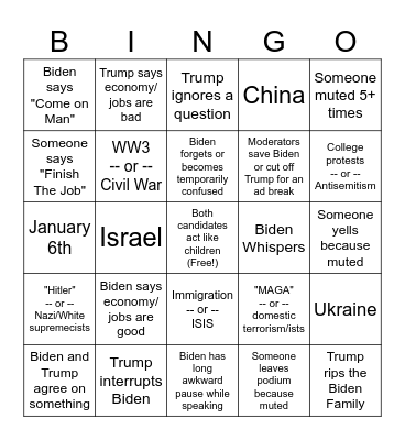 Cult 2024 Presidential Debate Bingo Card