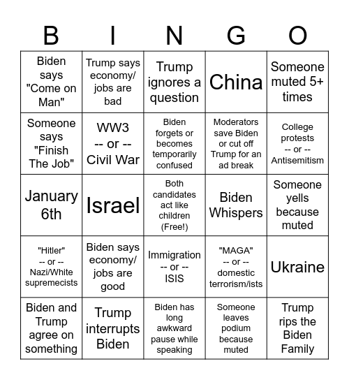 Cult 2024 Presidential Debate Bingo Card