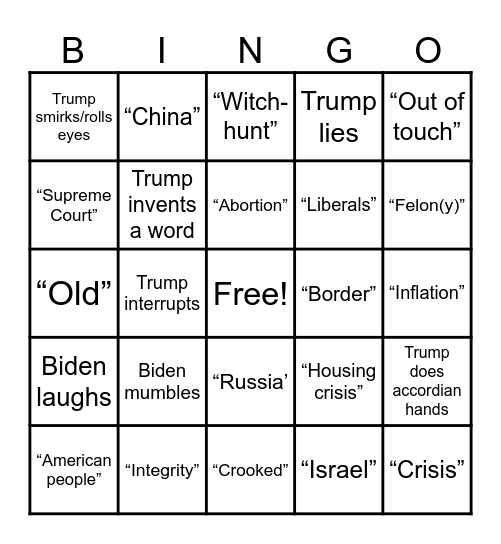 Debate Bingo Card