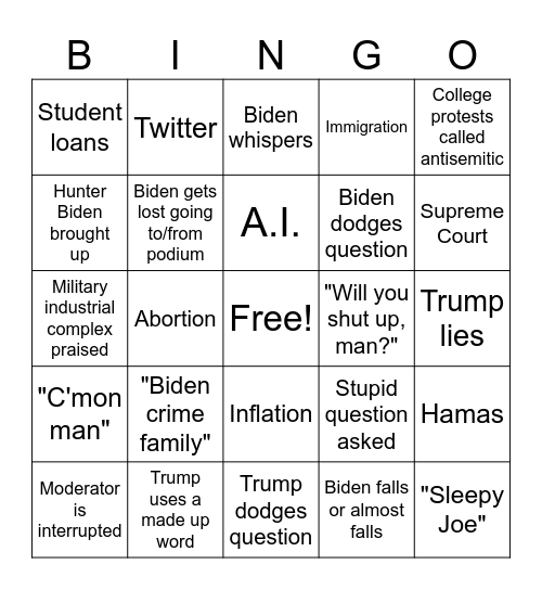 Presidential Debate Bingo Card