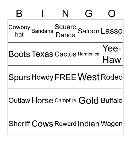 Wild Wild West Bingo Card