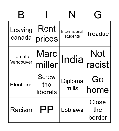 Canada Bingo Card