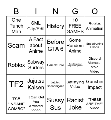 My Youtube Shorts Bingo Card