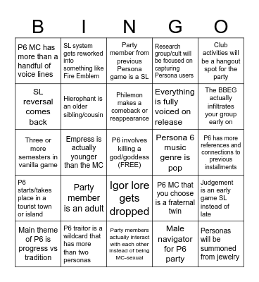 Persona 6 Predictions V.2 - IF2P Bingo Card