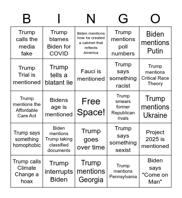 2024 Presidential Debate Bingo Card