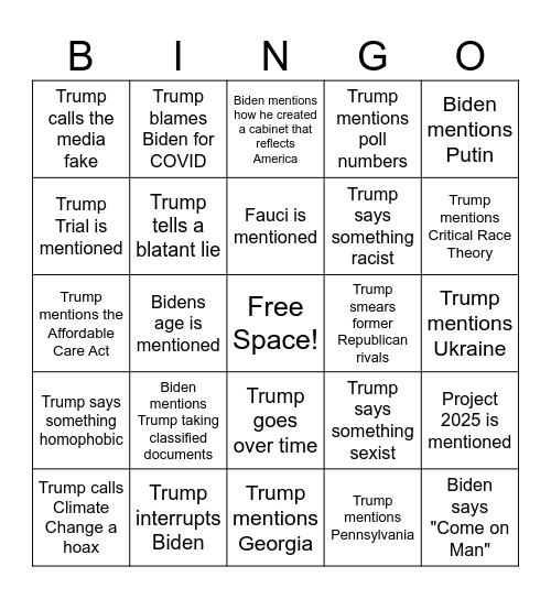 2024 Presidential Debate Bingo Card