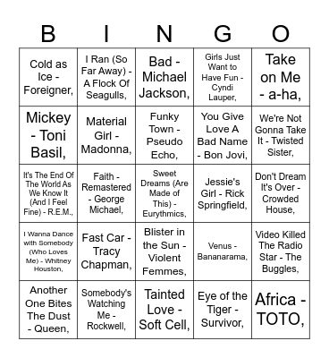DJ Jakesy Hussle's 80's bingo Card