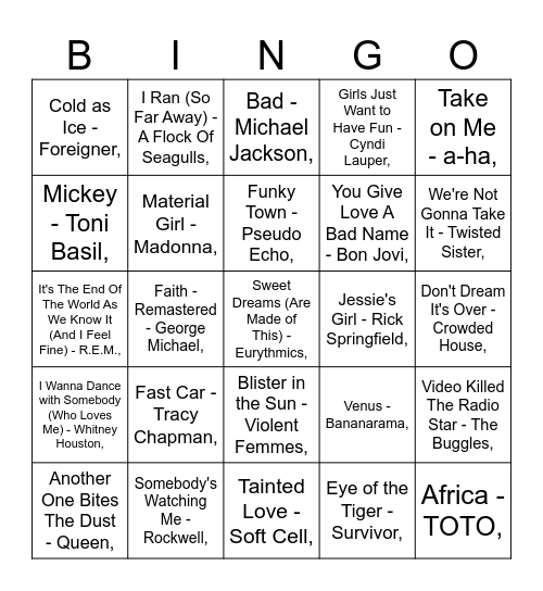 DJ Jakesy Hussle's 80's bingo Card
