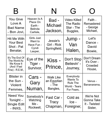 DJ Jakesy Hustle's 80's bingo Card