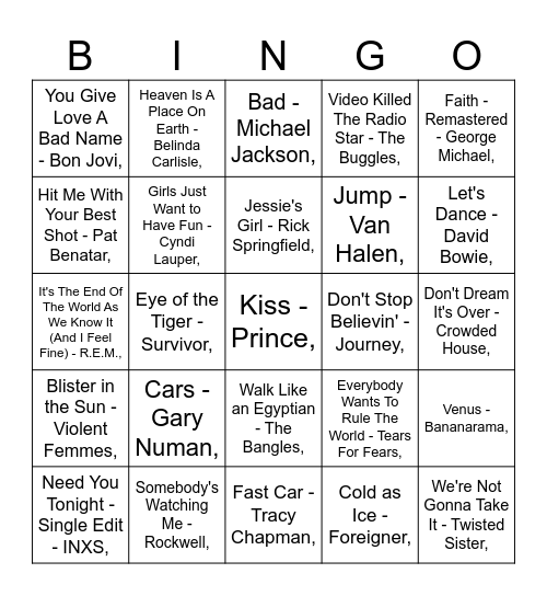 DJ Jakesy Hustle's 80's bingo Card