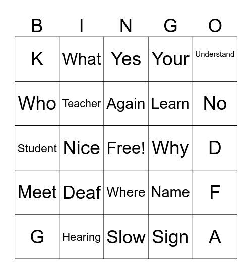 ASL Lesson One Bingo Card