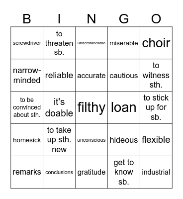 Vocabulary Revision Bingo Card