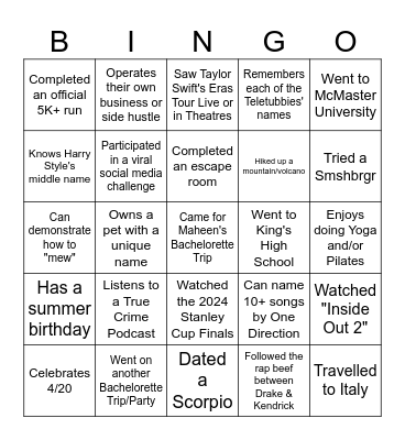Maheen's Bachelorette Bingo Card