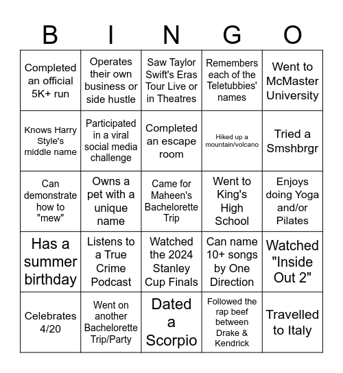 Maheen's Bachelorette Bingo Card