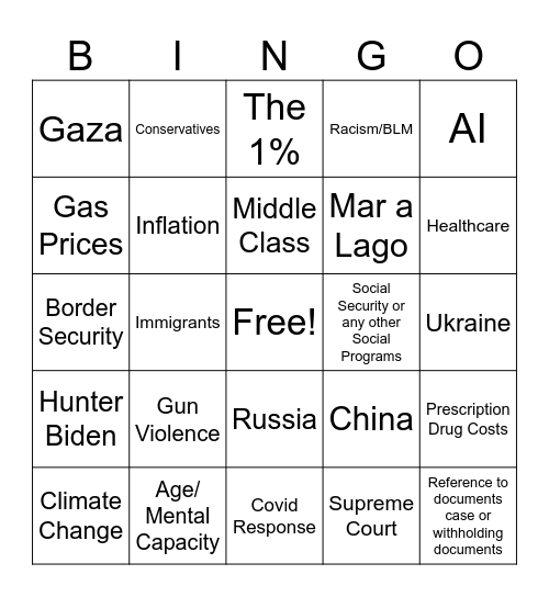 PRESIDENTIAL DEBATE 2024 Bingo Card