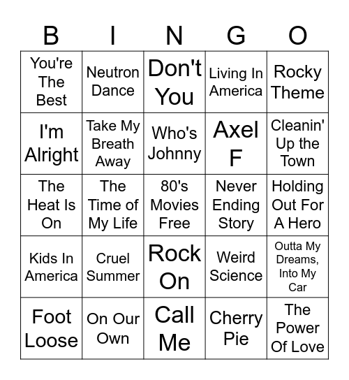 Hit Songs 80's Movies Bingo Card