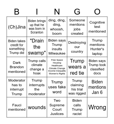 2024 Presidential Debate Bingo Card