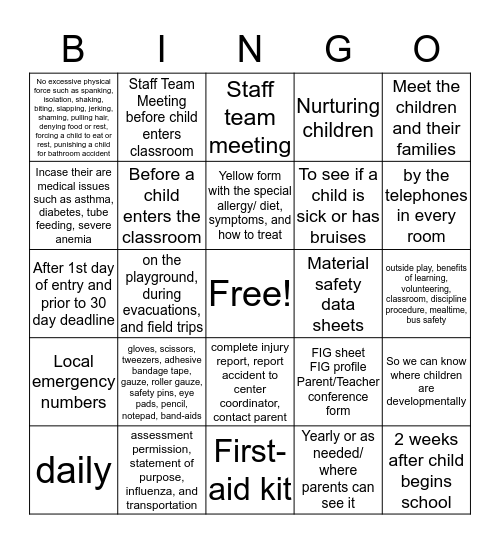 Pre-Service Bingo Card