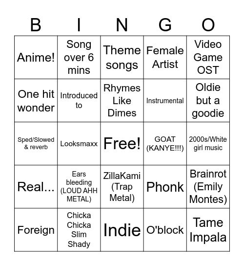 Spotify Playlist Bingo Card