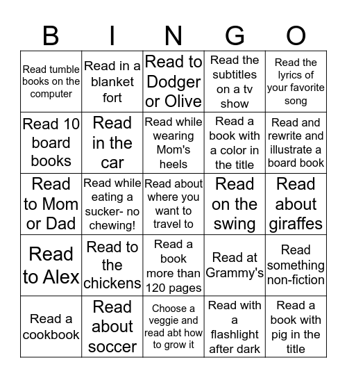 Reading Bingo Card