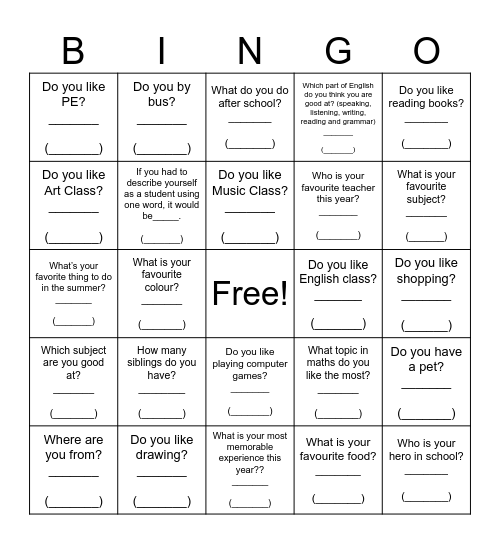 Getting-to-know-each-other Bingo Card