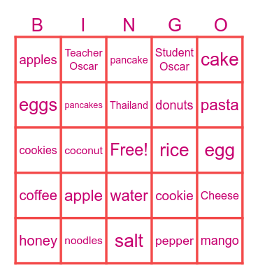 Food, countable and uncountable Bingo Card