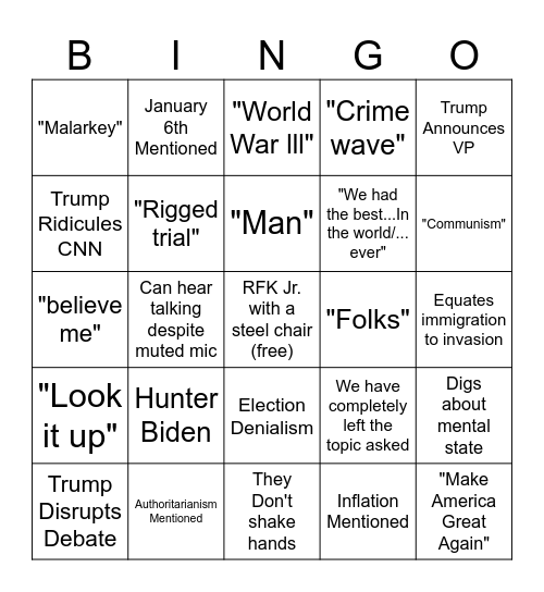 Debate 2024 Bingo Card