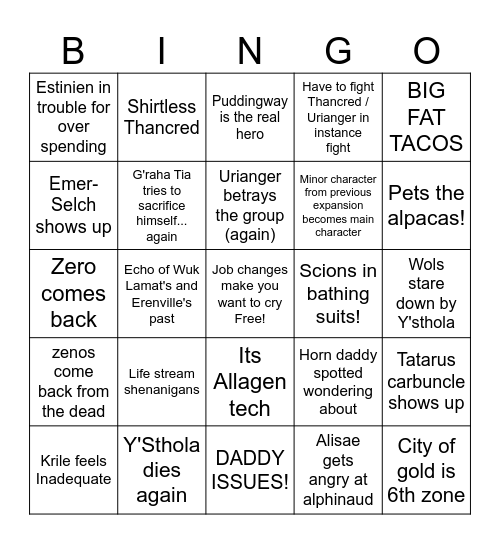 Dawntrail bingo Card