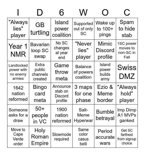 Imp Dip 6 Weeks of Chaos (6x6) Bingo Card