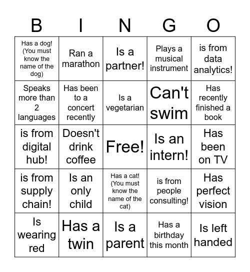 Human Bingo: Find someone who... Bingo Card