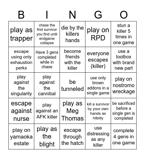 Dead by daylight Bingo Card