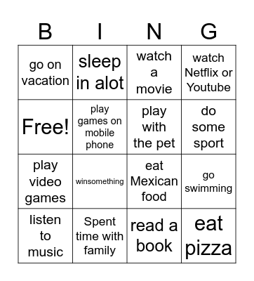 Summer Vacation Bingo Card