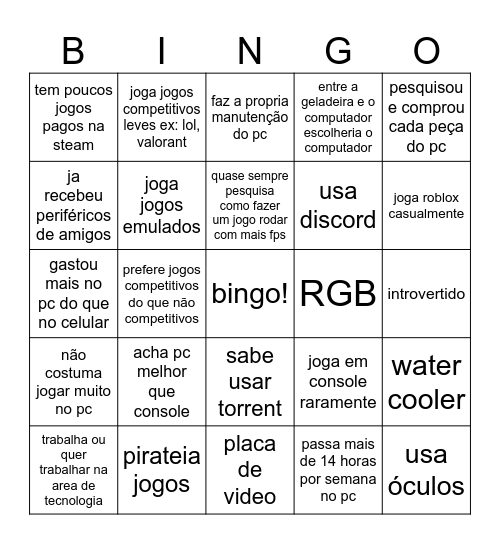 bingo do gamer de pc Bingo Card