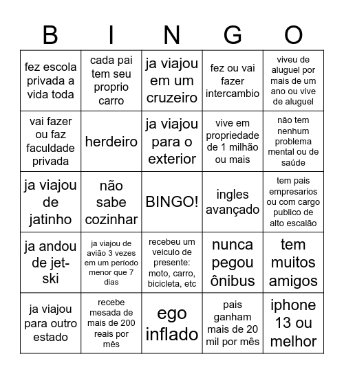 bingo do filho privilegiado Bingo Card
