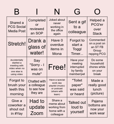 Remote Work Bingo Card
