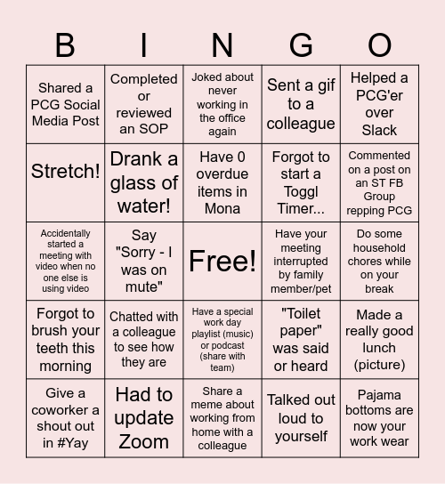 Remote Work Bingo Card