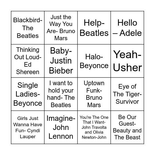 Musical Bingo Card