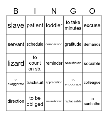 Vocabulary revision Bingo Card