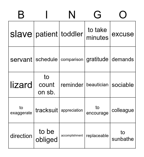 Vocabulary revision Bingo Card