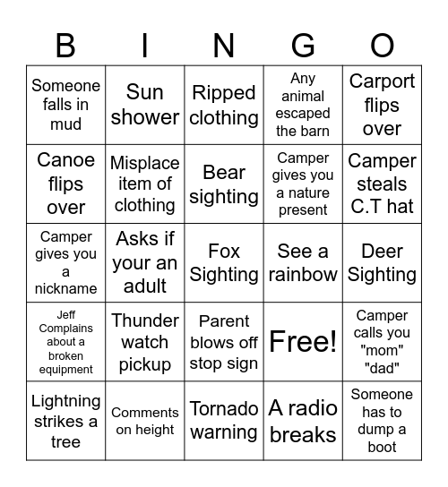 Camp Foxfire Bingo Card