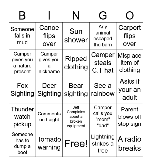 Camp Foxfire Bingo Card