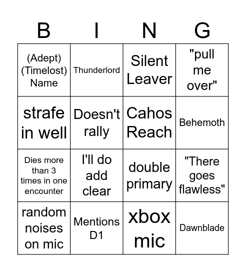 Destiny 2 LFG Bingo Card